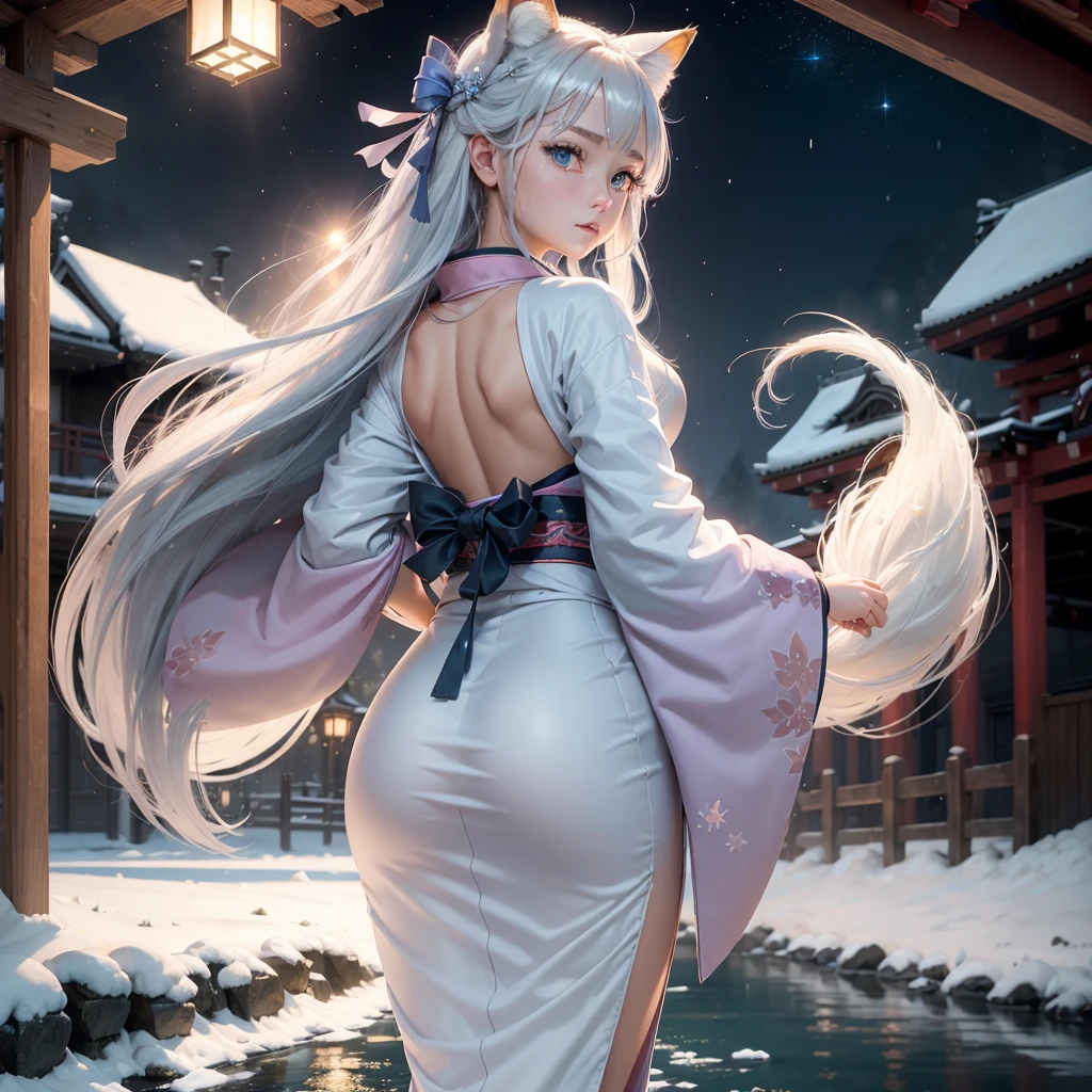 (High Detail CG Unity 16k wallpaper:1.1), (Noise reduction strength:1.45), (masterpiece:1.37), original, (andても上品で美しい), (perfect details), (Unity CG8K Wallpaper:1.05), (beautiful clear background:1.25), (one pretty girl (2 fox ears:0.9) and (fox tail on the back:1.2) Stand by the river:1.15). (Cute type:1.3), (narrow clean eyes:1.lettie face:1.3), silver hair, silver ears, (pink hair:0.7), (Pink ears:0.7), long hair, (japanese kimono:1.25), (windblown hair:1.1), (blue eyes:1.1), ( girl:1. 1) butterfly flapping its wings, (moonlight:0.6), wood, snow dance, (Winter orientation), (night:1.2), (gloves:0.8), alone, (figure), (Depth of bounds written:0.7), (close :0.35), god's rays, sparks, shining light, (must-have)