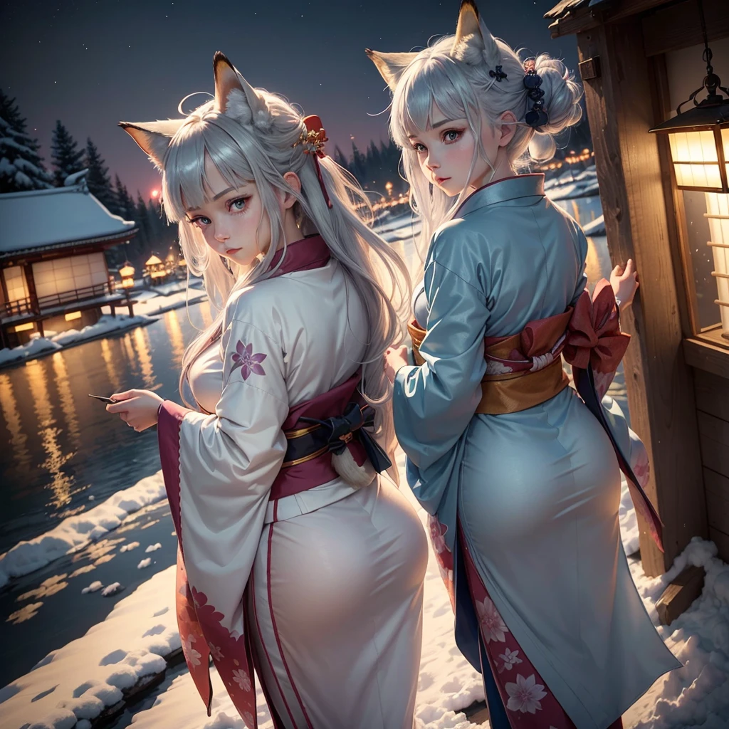 (High Detail CG Unity 16k wallpaper:1.1), (Noise reduction strength:1.45), (masterpiece:1.37), original, (andても上品で美しい), (perfect details), (Unity CG8K Wallpaper:1.05), (beautiful clear background:1.25), (one pretty girl (2 fox ears:0.9) and (fox tail on the back:1.2) Stand by the river:1.15). (Cute type:1.3), (narrow clean eyes:1.lettie face:1.3), silver hair, silver ears, (pink hair:0.7), (Pink ears:0.7), long hair, (japanese kimono:1.25), (windblown hair:1.1), (blue eyes:1.1), ( girl:1. 1) butterfly flapping its wings, (moonlight:0.6), wood, snow dance, (Winter orientation), (night:1.2), (gloves:0.8), alone, (figure), (Depth of bounds written:0.7), (close :0.35), god's rays, sparks, shining light, (must-have)