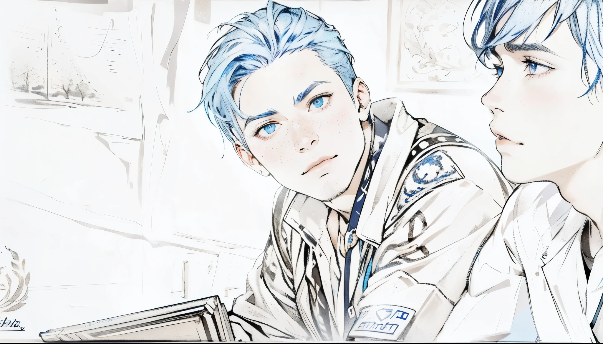 blue eyes blue hair is a handsome young man of 14 years old