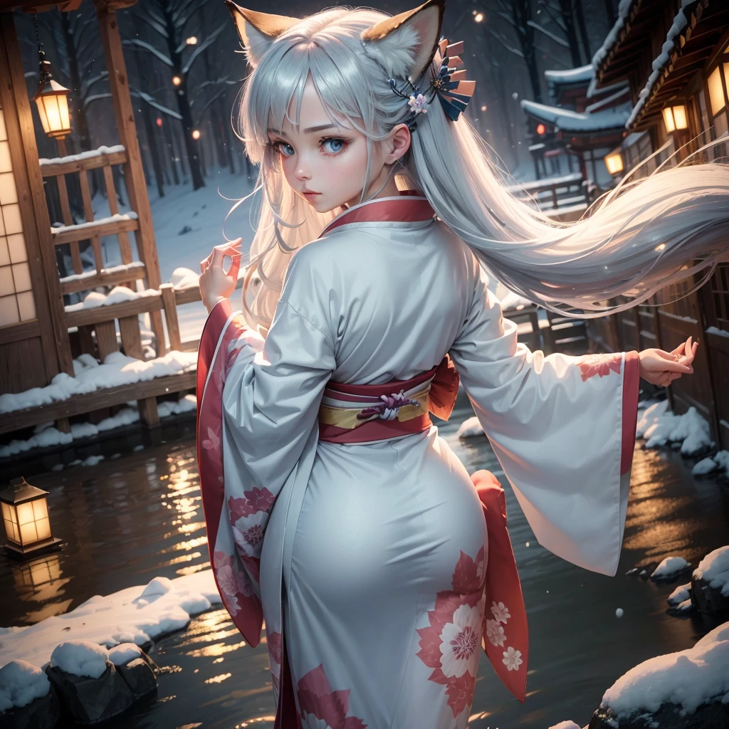 (High Detail CG Unity 16k wallpaper:1.1), (Noise reduction strength:1.45), (masterpiece:1.37), original, (andても上品で美しい), (perfect details), (Unity CG8K Wallpaper:1.05), (beautiful clear background:1.25), (one pretty girl (2 fox ears:0.9) and (fox tail on the back:1.2) Stand by the river:1.15). (Cute type:1.3), (narrow clean eyes:1.lettie face:1.3), silver hair, silver ears, (pink hair:0.7), (Pink ears:0.7), long hair, (japanese kimono:1.25), (windblown hair:1.1), (blue eyes:1.1), ( girl:1. 1) butterfly flapping its wings, (moonlight:0.6), wood, snow dance, (Winter orientation), (night:1.2), (gloves:0.8), alone, (figure), (Depth of bounds written:0.7), (close :0.35), god's rays, sparks, shining light, (must-have)