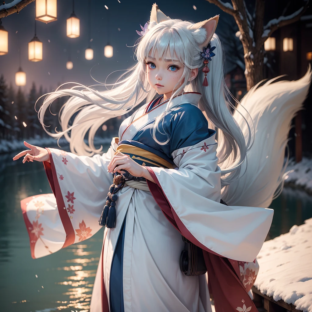 (High Detail CG Unity 16k wallpaper:1.1), (Noise reduction strength:1.45), (masterpiece:1.37), original, (andても上品で美しい), (perfect details), (Unity CG8K Wallpaper:1.05), (beautiful clear background:1.25), (one pretty girl (2 fox ears:0.9) and (fox tail on the back:1.2) Stand by the river:1.15). (Cute type:1.3), (narrow clean eyes:1.lettie face:1.3), silver hair, silver ears, (pink hair:0.7), (Pink ears:0.7), long hair, (japanese kimono:1.25), (windblown hair:1.1), (blue eyes:1.1), ( girl:1. 1) butterfly flapping its wings, (moonlight:0.6), wood, snow dance, (Winter orientation), (night:1.2), (gloves:0.8), alone, (figure), (Depth of bounds written:0.7), (close :0.35), god's rays, sparks, shining light, (must-have)