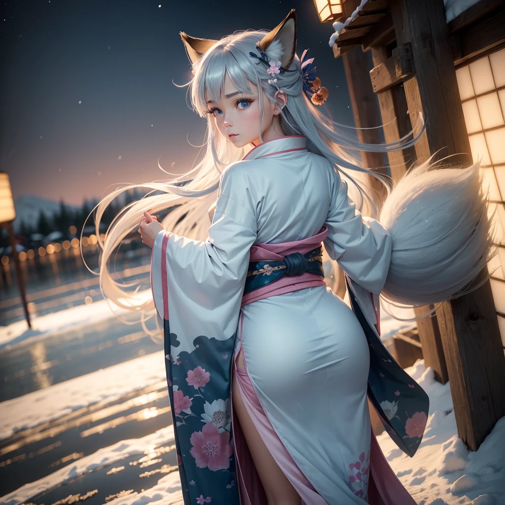 (High Detail CG Unity 16k wallpaper:1.1), (Noise reduction strength:1.45), (masterpiece:1.37), original, (andても上品で美しい), (perfect details), (Unity CG8K Wallpaper:1.05), (beautiful clear background:1.25), (one pretty girl (2 fox ears:0.9) and (fox tail on the back:1.2) Stand by the river:1.15). (Cute type:1.3), (narrow clean eyes:1.lettie face:1.3), silver hair, silver ears, (pink hair:0.7), (Pink ears:0.7), long hair, (japanese kimono:1.25), (windblown hair:1.1), (blue eyes:1.1), ( girl:1. 1) butterfly flapping its wings, (moonlight:0.6), wood, snow dance, (Winter orientation), (night:1.2), (gloves:0.8), alone, (figure), (Depth of bounds written:0.7), (close :0.35), god's rays, sparks, shining light, (must-have)