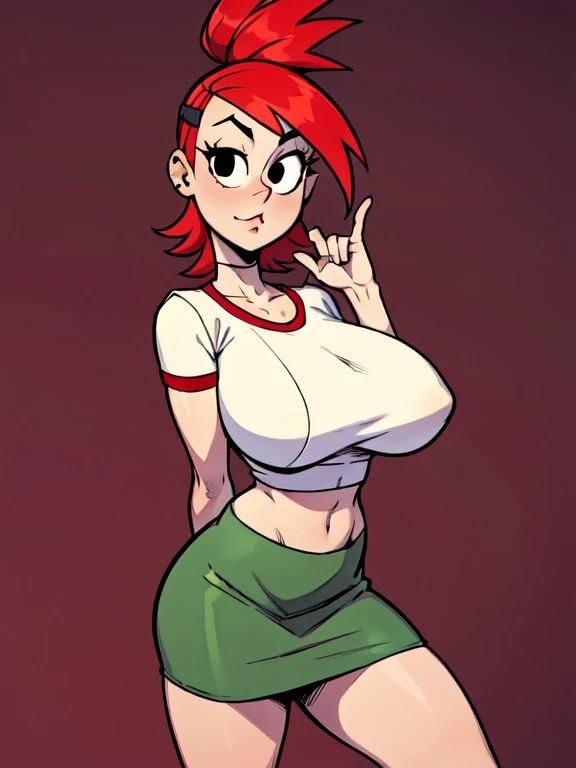 FostersStyle, red hair, green skirt, too short miniskirt,slutty outfit, seductive, abstract background, looking at viewer, slutty , , slutty pose, lewd, seductive expression, white shirt, standing, black eyes, sfw, big tits, looking at viewer, midriff