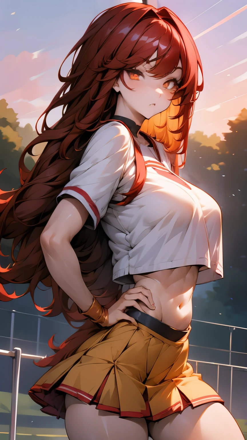 Anime girl, 1 anime girl, black and red hair, golden eyes, golden pupils, glowing eyes, thick hair, blown by the wind, crop top, skirt, blush, sunlight, starlight, night, School sports field landscape, white skin, red and white cheerleaders outfit, beautiful, hands on hips