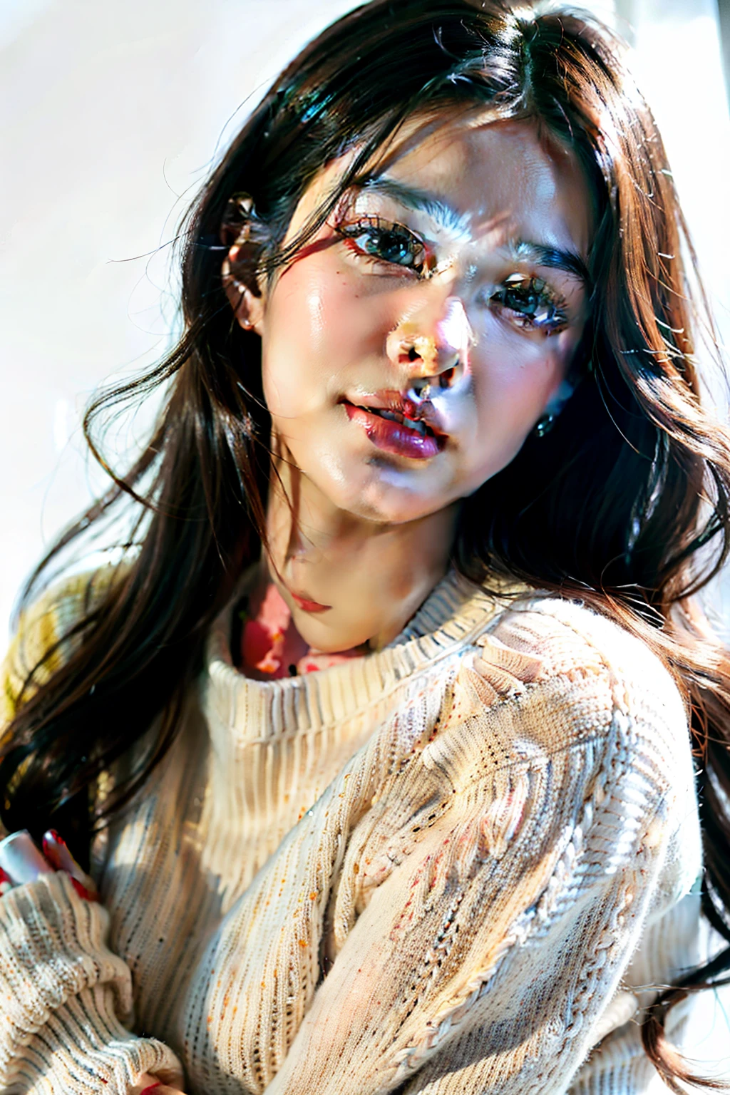 (best quality,highres),ultra-detailed,(realistic:1.37),portrait,illustration,girl,beautiful detailed eyes,beautiful detailed lips,white background,soft lighting,casual clothing,sweater,relaxed pose,with a pleasant smile,medium length wavy hair,subtle blush,peaceful atmosphere,vivid colors,subtle shadows,textured brushstrokes