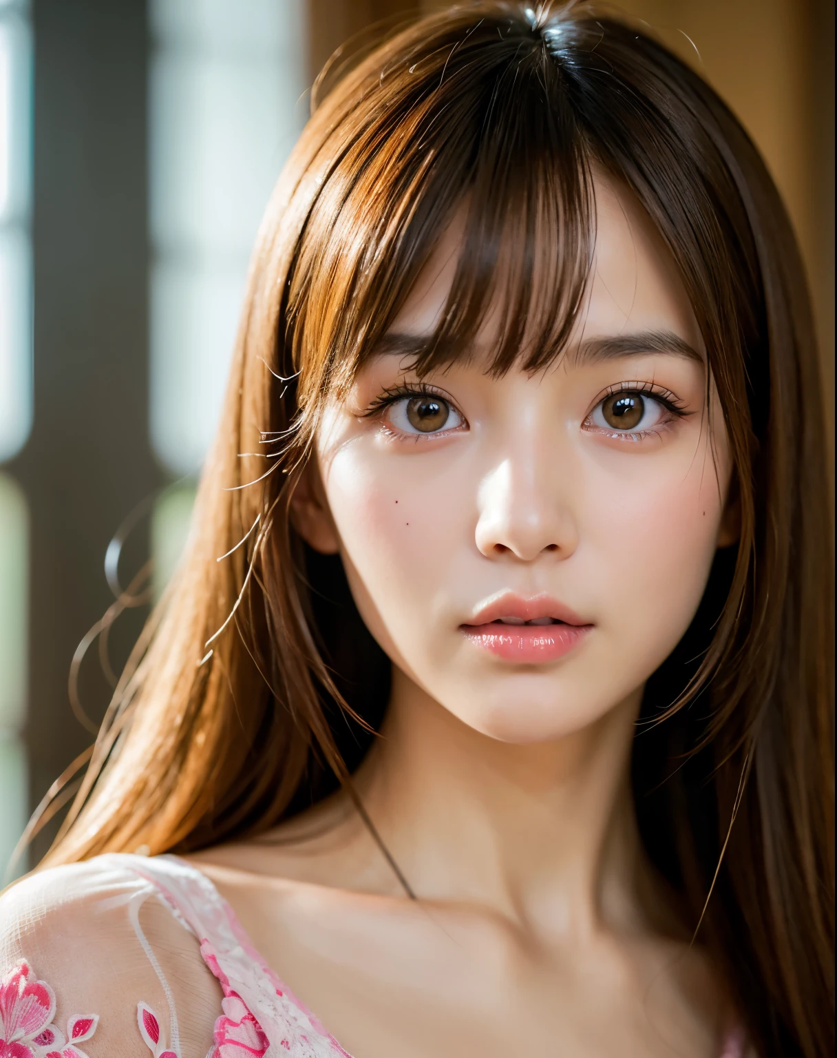 A close up of a woman with long hair and a pink dress - SeaArt AI