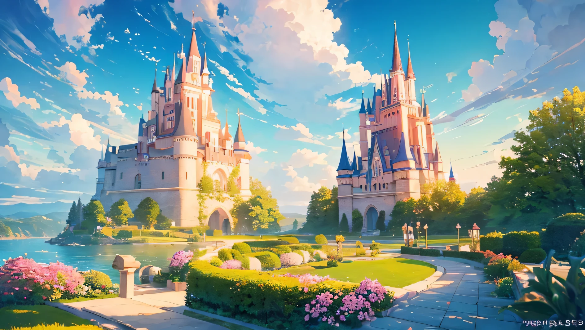 a castle floating in the sky on a big cloud, golden hour, romantic sea and nostalgic, pink flowers and roses