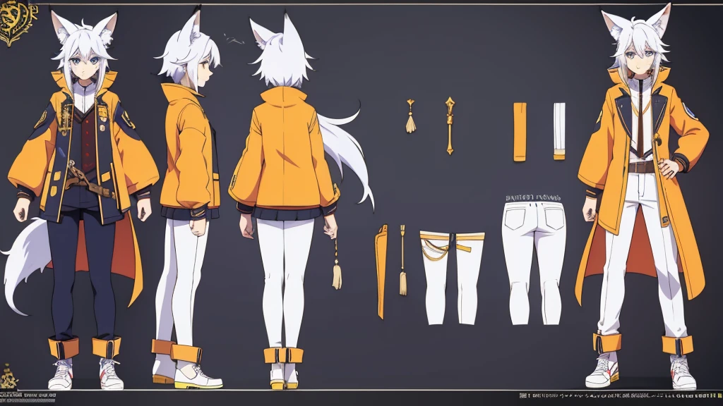Character Sheet, full-body, male, white haired, fox ears, fox tail, anime, anime style, blue eyes, orange jacket, dark long pants, white shoes, 4k, high quality