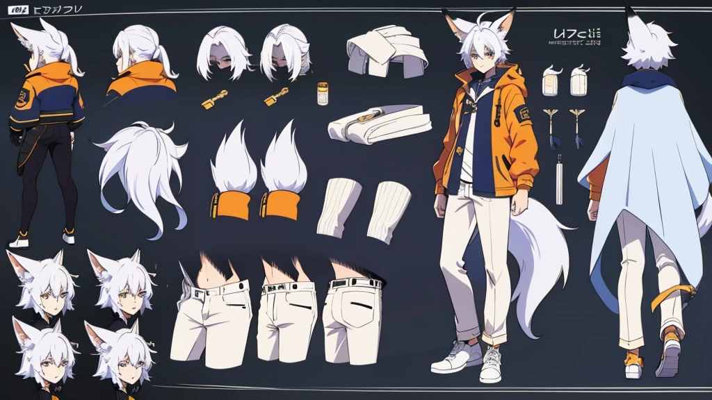 Character Sheet, full-body, male, white haired, fox ears, fox tail, anime, anime style, blue eyes, orange jacket, dark long pants, white shoes, 4k, high quality