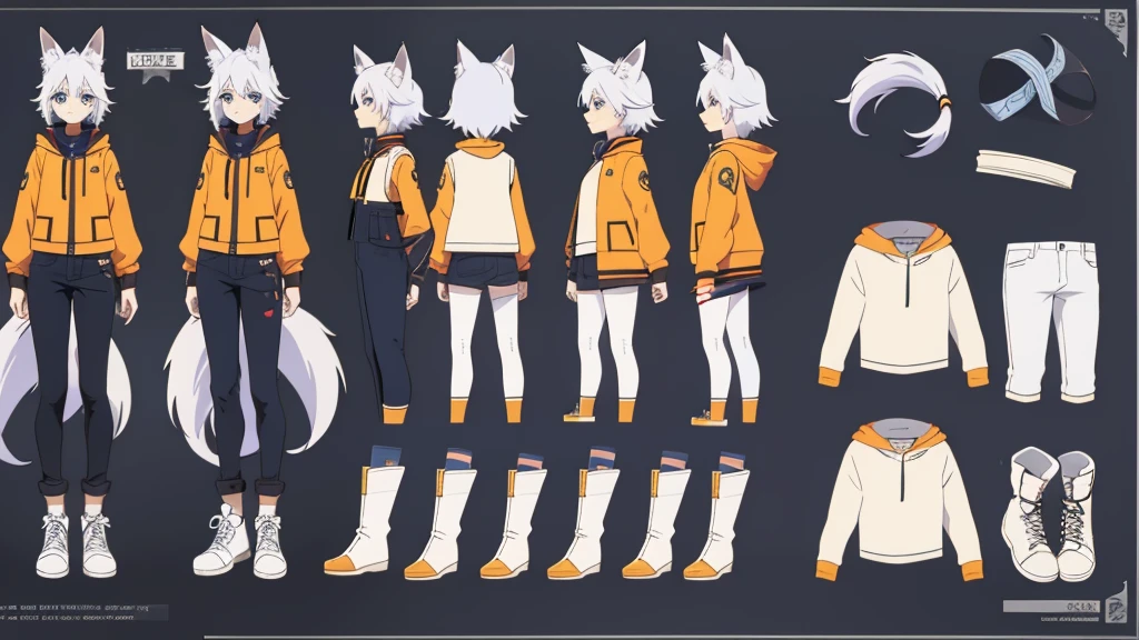 Character Sheet, full-body, male, white haired, fox ears, fox tail, anime, anime style, blue eyes, orange jacket, dark long pants, white shoes, 4k, high quality