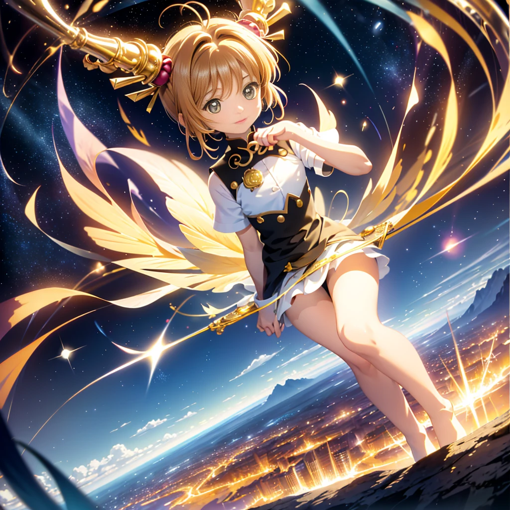 realistic, (masterpiece, excellent quality, highest quality, official art, beautiful and aesthetic: 1.2),(flight:1.4) very detailed, fractal art, colorful, more detailed, (abstract background: 1.5) (1 girl: 1.3), light brown hair, bright eyes, Hilarious, Hairstyle back, short hair, , milky way, Giant magic golden Sagittarius astrolabe, dream, fantasy, Golden trim, beautiful and detailed sky, Style and decoration, Female-only room, (Sakura Cardcaptor)