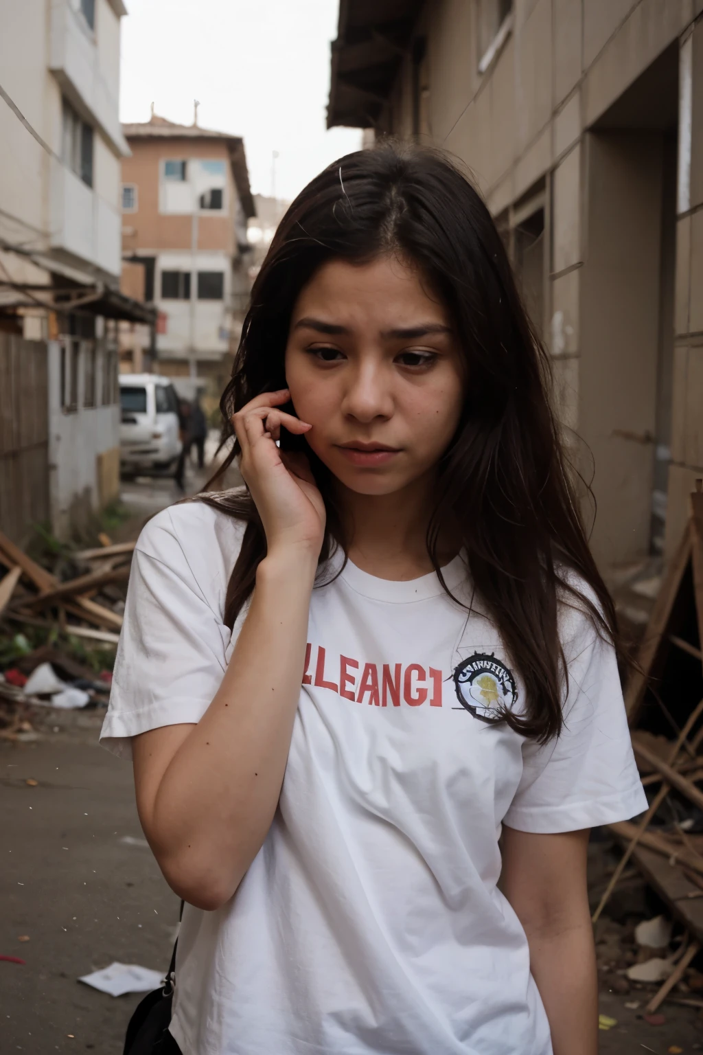 Peruvian girl , llorando con el uninforme sucio , behind her her school collapsing