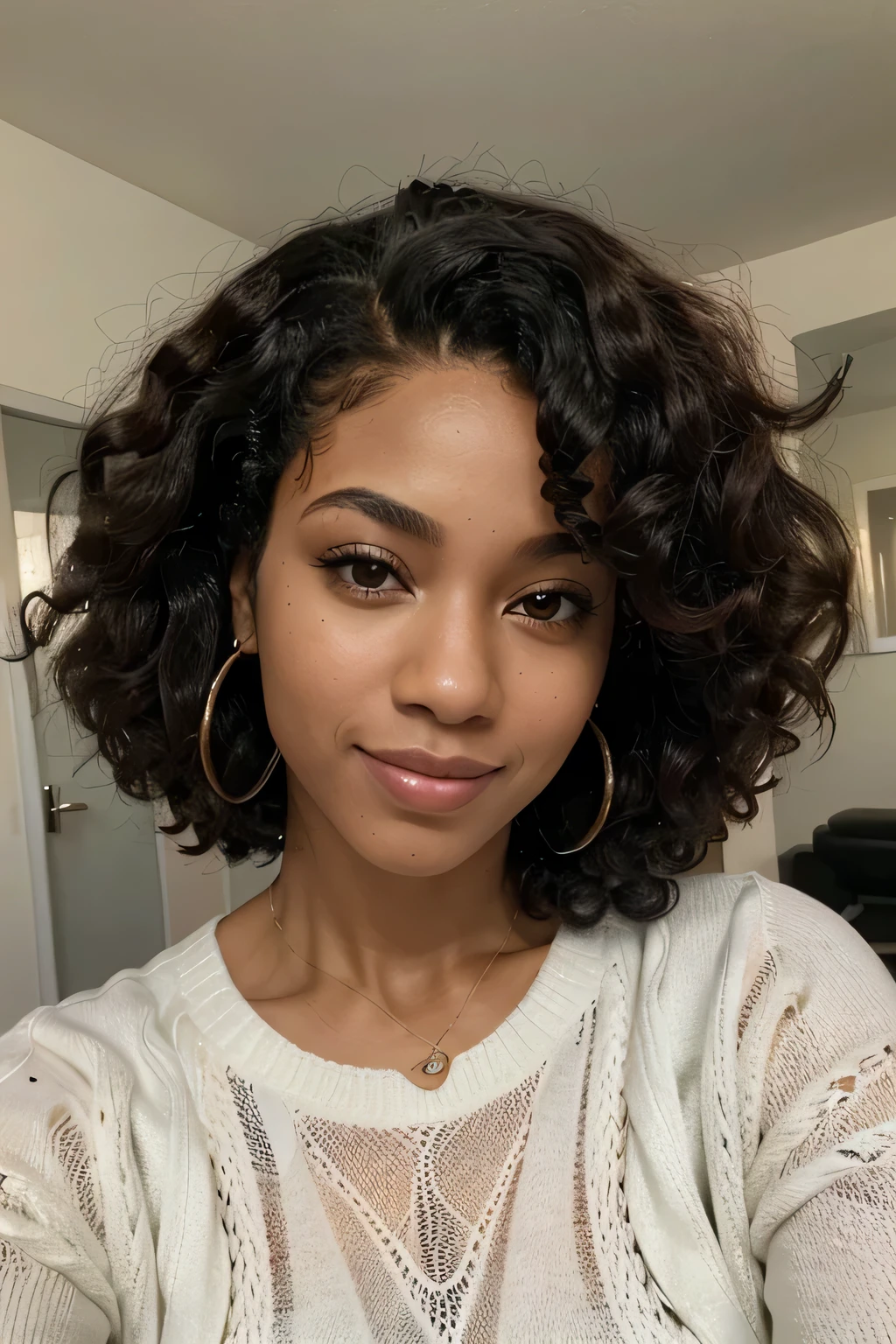 best quality, detailed, beautiful black latina woman with natural dark curly black hair cut short messy, frais 27 ans, photo de selfie, vue de face de tout le corps avec sa chatte, big tits, big ass, clivage , shoulder, humide, To L'interior, (evening), texture de peau avec 30G perky et bubblebutt moyen parfait visible, grain de film, fermer, ultra haute résolution, meilleure ombre, BRUT, LUT Instagram, regard sensuel satisfait, face frontale , divers angles de prise de vue , 1 main essaie de perdre la tenue du haut