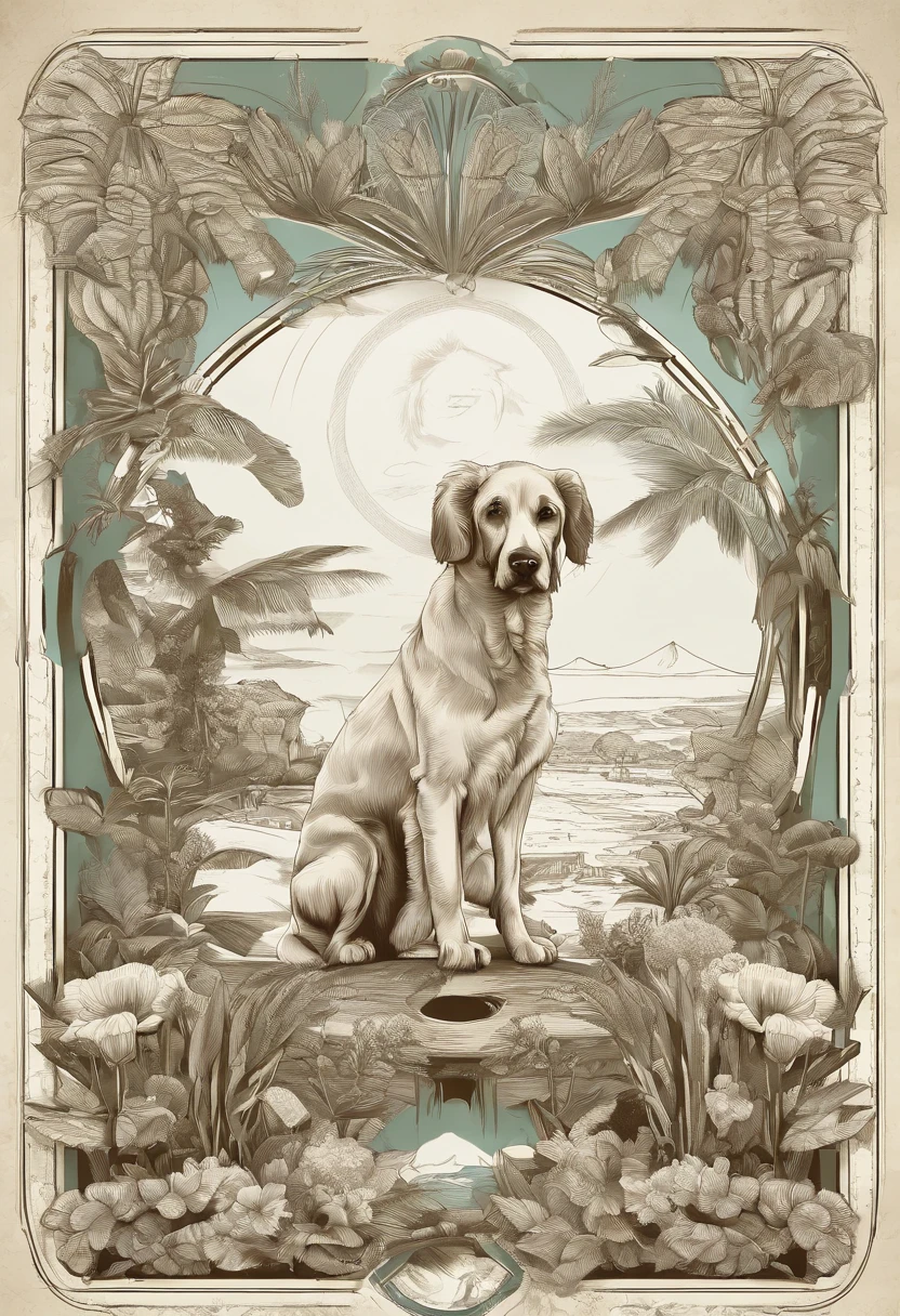 Plants and artistic details form a round frame to house the dog in the center, Popart, arte de rua, Isolated t-shirt design with vector art of a large Poodle dog, cor branca
, look at the desert with curiosity and wonder. White Collie dog or bitch should be portrayed with a sense of admiration and fascination, cercado pelas maravilhas da natureza. Use cores suaves e sonhadoras para criar uma atmosfera extravagante e encantadora. The design should evoke a sense of wandering desire and encourage viewers to embrace their own adventurous spirit., isolado, sem antecedentes, no estilo 0mib