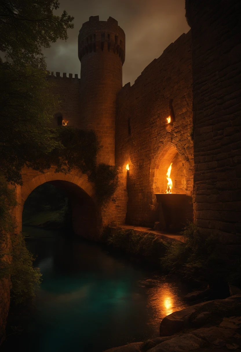 (medieval, fantasy, dark mood, moat, fire, serpent, detailed, vivid colors, portrait, stone walls, torchlight, knights, archers, castle, battle:1.1)