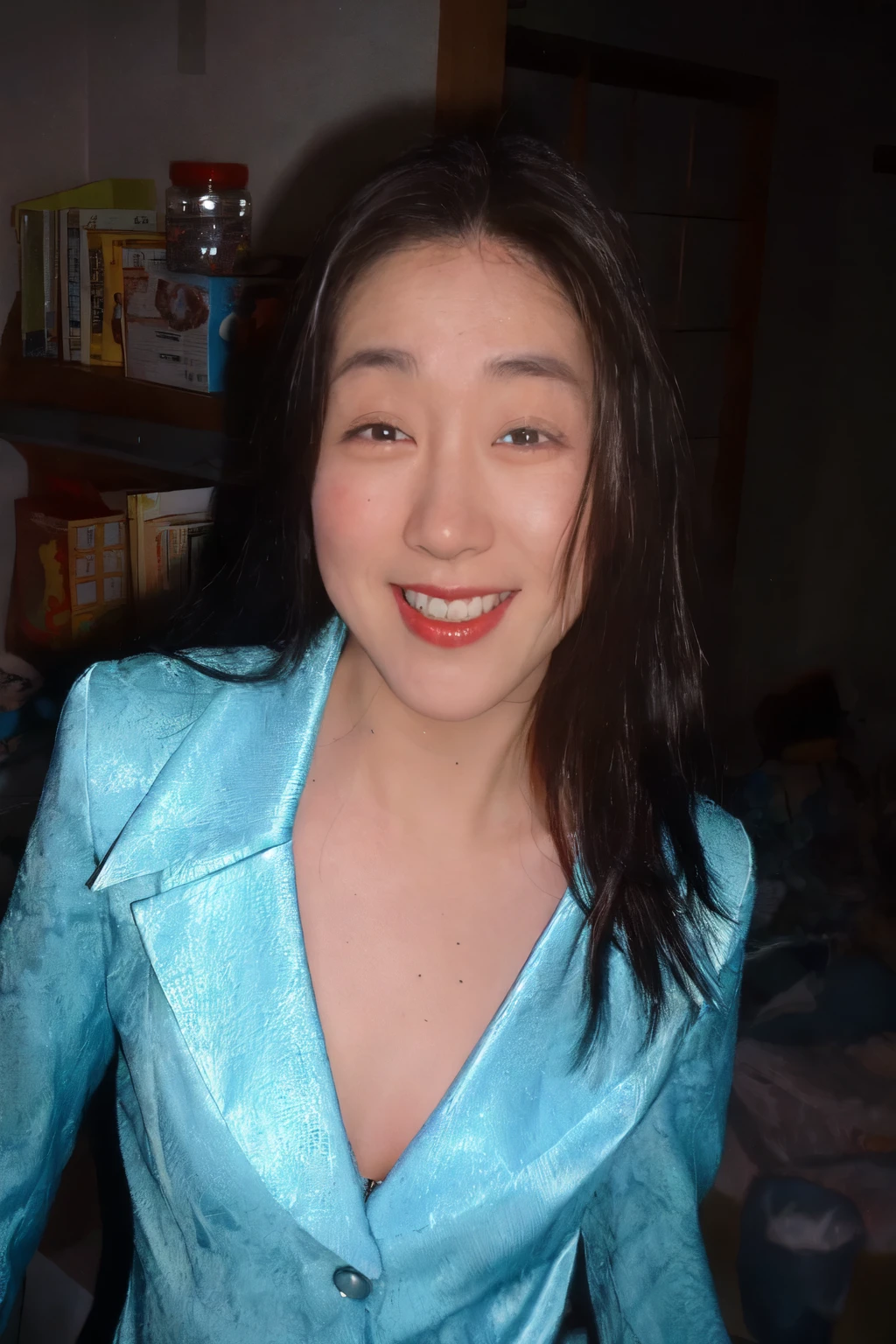 Smiling woman wearing a blue jacket and red lipstick and holding a cake, akiko takase, Kazue Kato, yayoi kasuma, kiyoko suzuki, Jen Gee, itsuko azuma, yuuka kazami, mutsumi akasaki, nishimiya shouko, sorry, eiko ishioka, in a blue qipao, asian woman