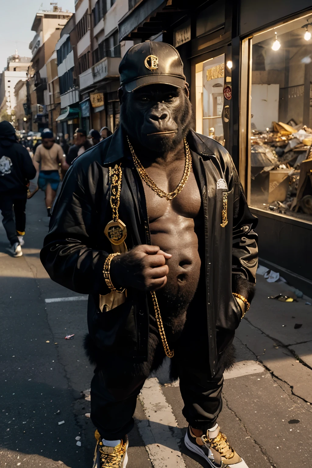 imagine a gorilla wearing a cap and gold chains, in the background streets full of trash, cartoon style