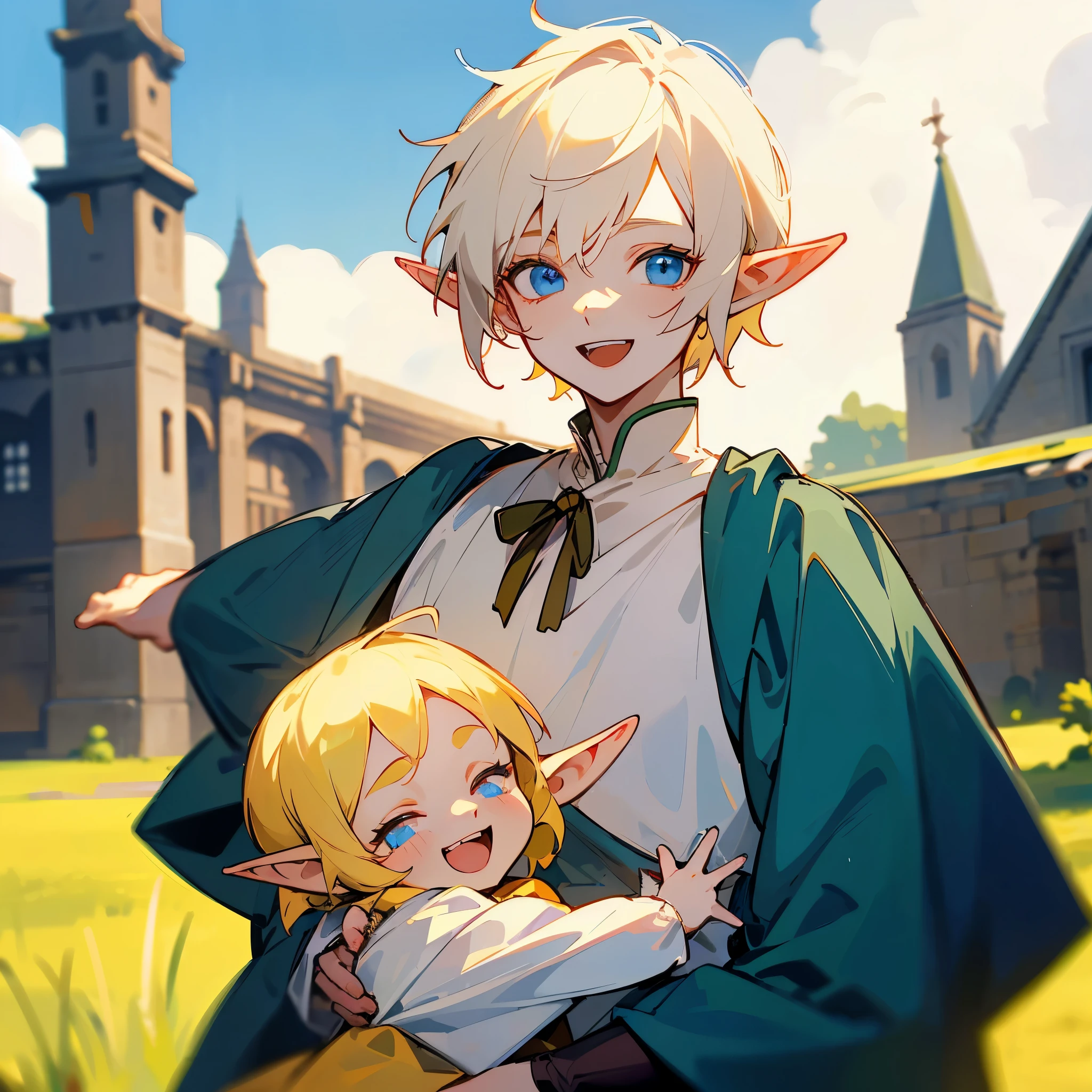 elf, elvish ears, young toddler, boy, male, tooth gap, missing teeth, pointy ears, pale blonde hair, pale skin, blue eyes, cute, yellow peasant tunic, medieval, medieval city background, bust portrait neck up, smiling widely, happy, huge smile, open mouth, 1 person