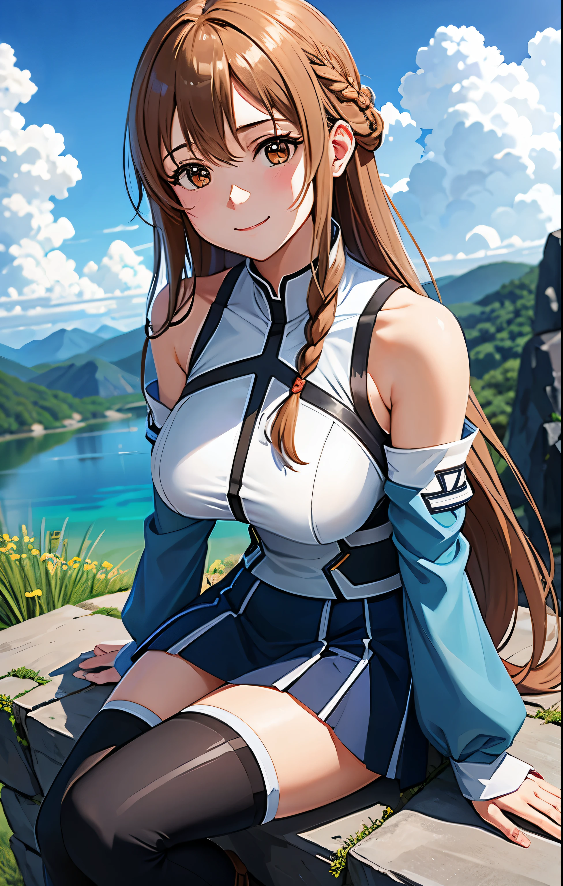 1girl, asuna_\(sao\), bangs, bare_shoulders, blue_sky, blush, boots, braid, breastplate, breasts, brown_eyes, closed_mouth, cloud, cloudy_sky, day, detached_sleeves, grass, hair_between_eyes, long_hair, looking_at_viewer, mountain, outdoors, rock, sitting, skirt, sky, smile, solo, thighhighs, very_long_hair, big 