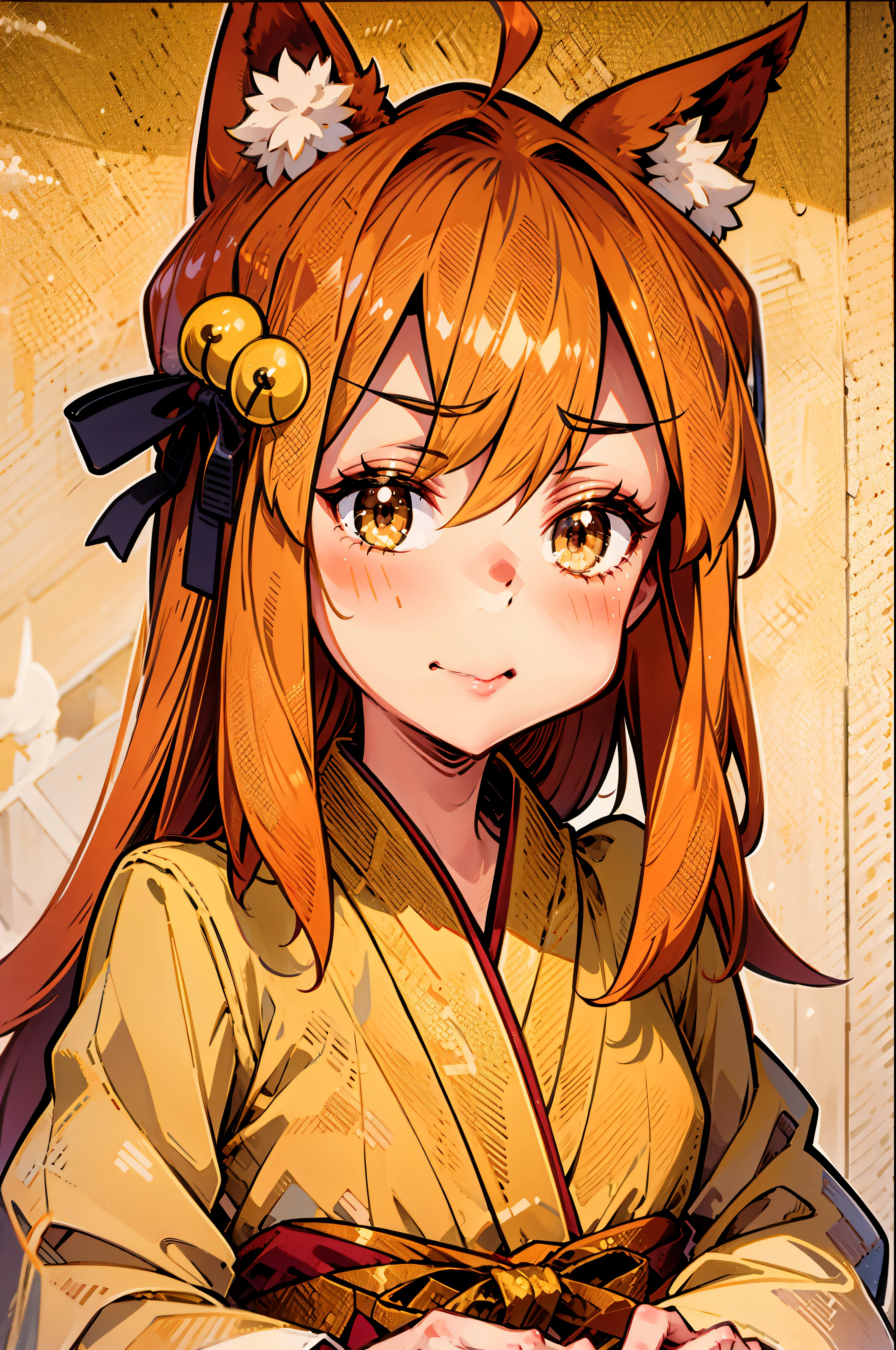 Masterpiece, best quality, perfect lighting, 1girl, solo, suzu, fox ears, fox tail, brown eyes, orange hair, yellow miko kimono, bell hair ornament, medium hair, ahoge, hair between eyes, standing, smile, winter, snow, nighttime, snowing, looking at viewer, (cold breath:1.4), (jitome:1),, standing, flipflops, full body