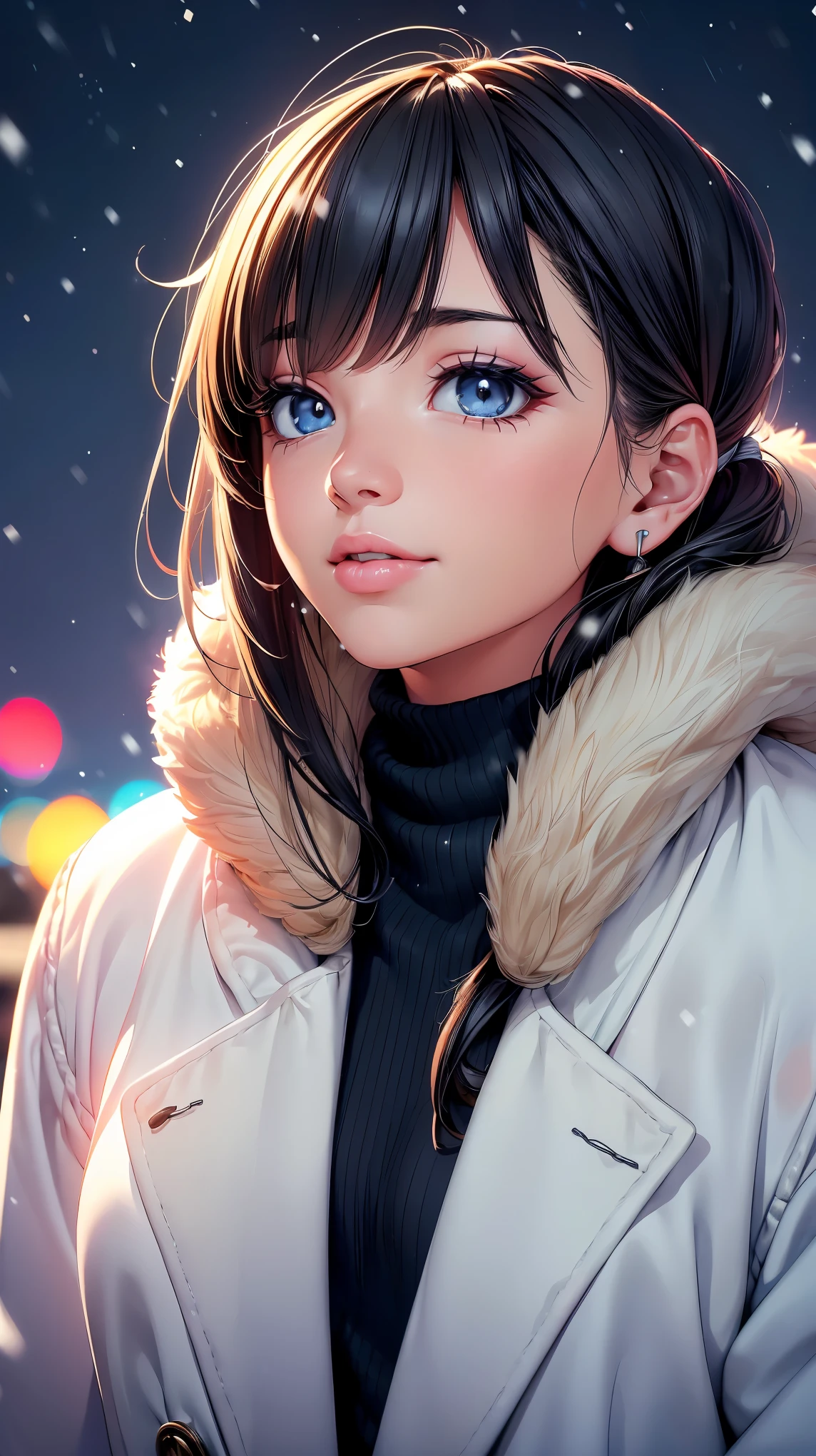 (8K, RAW photo, 最high quality, masterpiece:1.2), High-definition RAW color photo, Professional photo shoot, cinematic light, (((young woman, gal))), (Sharp features), (Big eyes), (small face), (high detail skin: 1.2), cute face, beautiful appearance, long eyelashes, (rainbow hair), (slim body:1.5), very detailed顔と肌の質感, detailed eyes, natural makeup, white coat, Earmuffs, A woman whose mouth is hidden by a fluffy white scarf, hold the muffler with your hand, cold air feeling, ((Upper body portrait)), smile, staring eyes, beautiful skin, shiny skin, (((Profile looking up at the sky:1.2, It&#39;s snowing))), perfect fingers, five fingers, anatomically correct, winter background, background bokeh, high quality, surreal, bright colors, ((very detailed, photo shoot)),