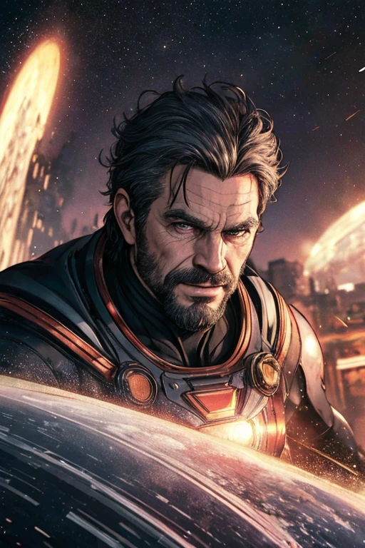 (best quality, masterpiece:1.2), 8k detailed cgi render, thick outlines, strong shadows, (1man,  British male:1.2), wise, graying hair,
looking at viewer, solo, upper body, detailed background, close up, ( RetroFuturismAI, retro-futurism theme:1.1), superhero, smug smile, fighting stance,  outer space, stars, planet,   weightless,  flying,   floating particles,    cinematic atmosphere,