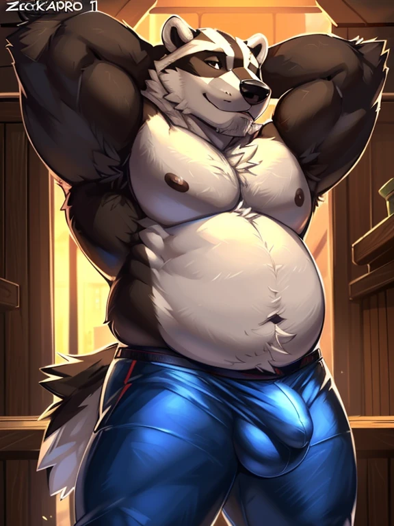 Male, solo, anthro, ((Nikolai Krol)), ((standing)), very detailed lighting, ((very detailed fur texture)), very detailed, very high quality, masterpiece, very high resolution, ((very detailed tail)), Dilf, Daddy, Dadbod, father figure, mature male, hunk, pecs, musclegut, ((furred body)), ((very detailed hands)), ((very well drawn hands)), ((very detailed clothing)), ((detailed genital outline)), ((fully-erect)), ((very detailed tail)), ((by zackary911)), ((very detailed bulge)), ((arms behind head)), ((chubby)), ((badger)), ((shirtless)), ((mineshaft))