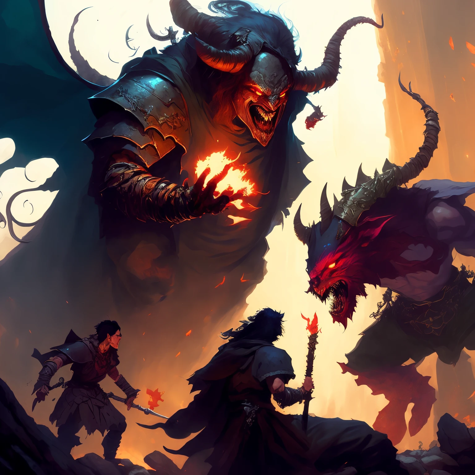 epic fantasy artwork, fantasy rpg book illustration, epic fantasy illustration, d & d fantasy digital art, d & d fantasy digital painting, epic rpg artwork, epic fantasy novel cover art, andreas rocha and john howe, 4k fantasy art, epic fantasy game art, battle between devil and demon