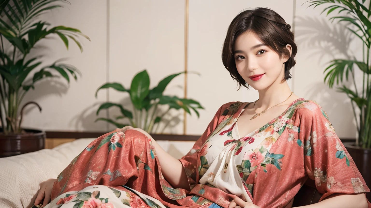 149
(20 year old woman,floral print outfit,pants), (Super realistic), (high resolution), ((beautiful hairstyle 46)), ((short hair:1.46)), (gentle smile), (brest:1.1), (lipstick)
