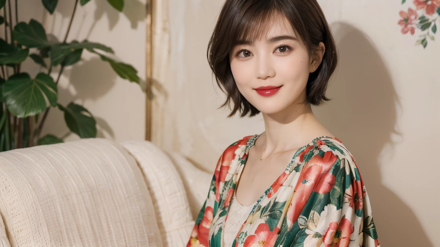 149
(20 year old woman,floral print outfit,pants), (Super realistic), (high resolution), ((beautiful hairstyle 46)), ((short hair:1.46)), (gentle smile), (brest:1.1), (lipstick)
