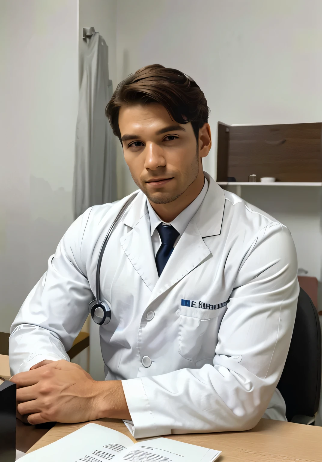 Homem de terno branco e gravata sentado em uma mesa, foto de um homem, sitting at desk, wearing a medical suit, foto corporativa, homem bonito, retrato profissional hd, wearing white doctors suit, sentado em uma mesa, uma foto de um homem, bonito e atraente, foto de perfil profissional, homem atraen