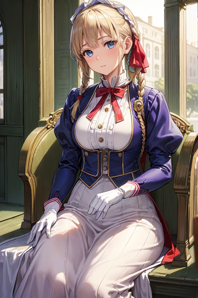 {{Masterpiece, highest quality, (((Photorealistic, Photorealsitic:1.37))), ((solo)), 8K quality, very delicate and beautiful , amazing, detailed official art, ridiculous, incredibly ridiculous, huge file size, ultra-detailed, highly detailed, cinematic lighting}}, Violet Evergarden, Violet Evergarden, blonde, blue eyes, hair ribbon, bowknot, short hair, braids, braids, red ribbon, mature woman, break blue jacket, brown gloves, cropped jacket, dress, Gloves, green brooch, jacket, Juliet sleeves, long sleeves, puffy sleeves, white dress, waiting for the Major to return at the station.