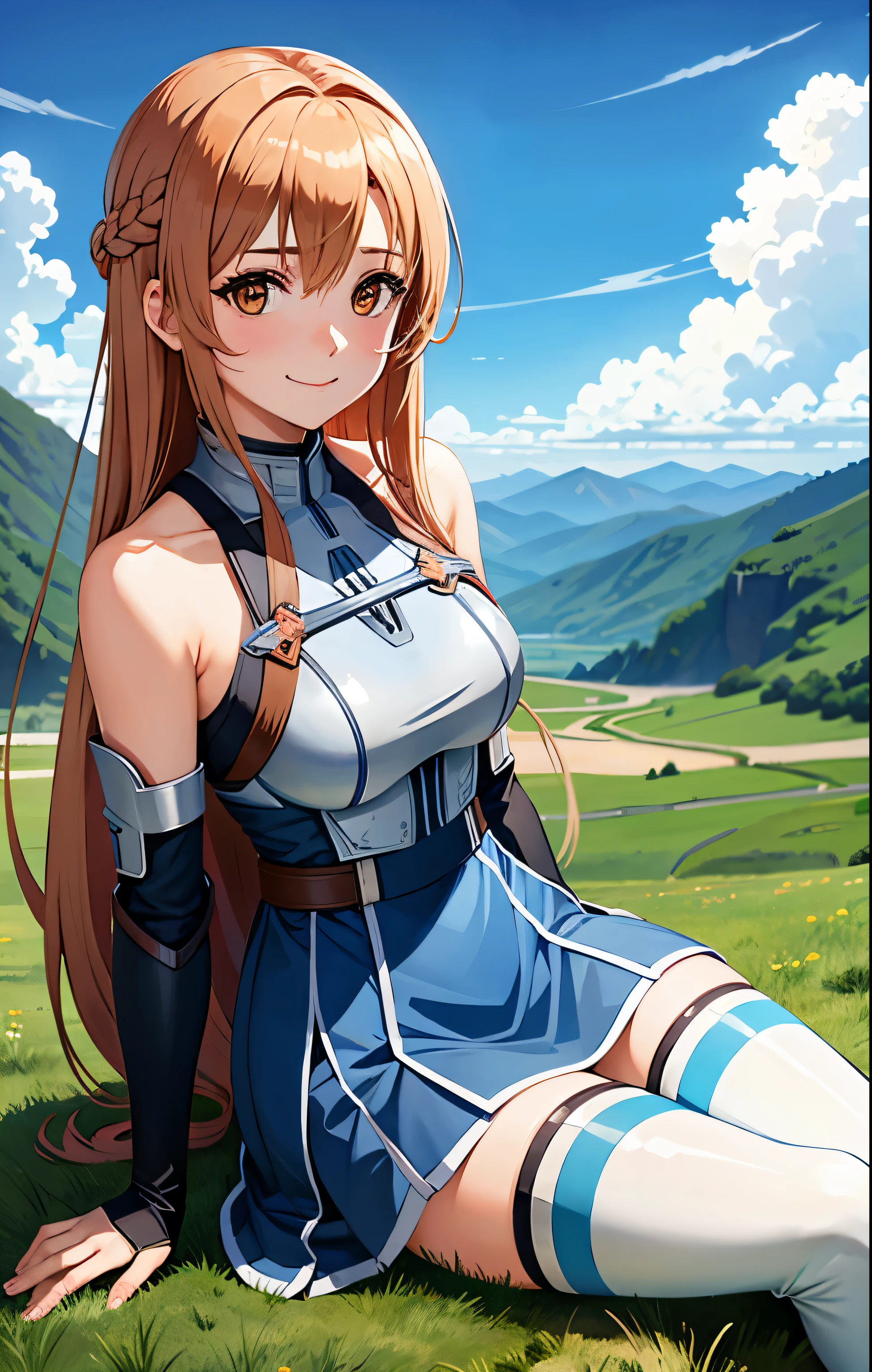 1girl, asuna_\(sao\), bangs, bare_shoulders, blue_sky, blush, boots, braid, breastplate, breasts, brown_eyes, closed_mouth, cloud, cloudy_sky, day, detached_sleeves, grass, hair_between_eyes, long_hair, looking_at_viewer, mountain, outdoors, rock, sitting, skirt, sky, smile, solo, thighhighs, very_long_hair, big 