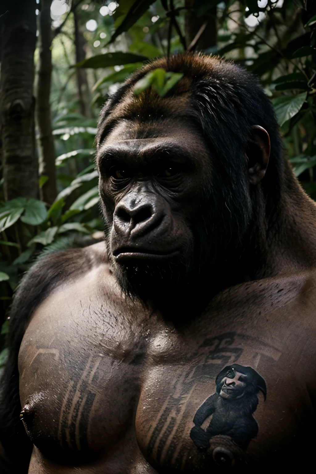 imagine a gorilla with lots of tattoos, a bad face, in the middle of the forest, drawing style
