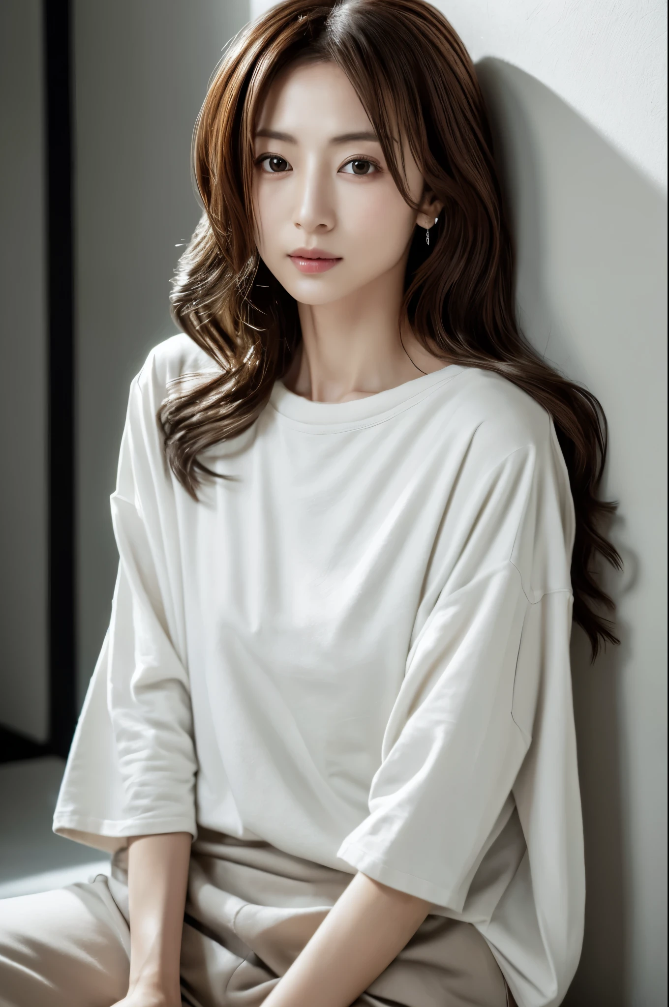 A skinny Japanese lady, long wavy hair, wearing (long T-shirt:1.3), sitting in a dark room. The walls are painted in soft white. Realistic, Photorealistic, High quality, RAW photograph, detailed background, highly detailed, sharp focus, high resolution, 8k, uhd, dslr, realistic eyes, perfect eyes,