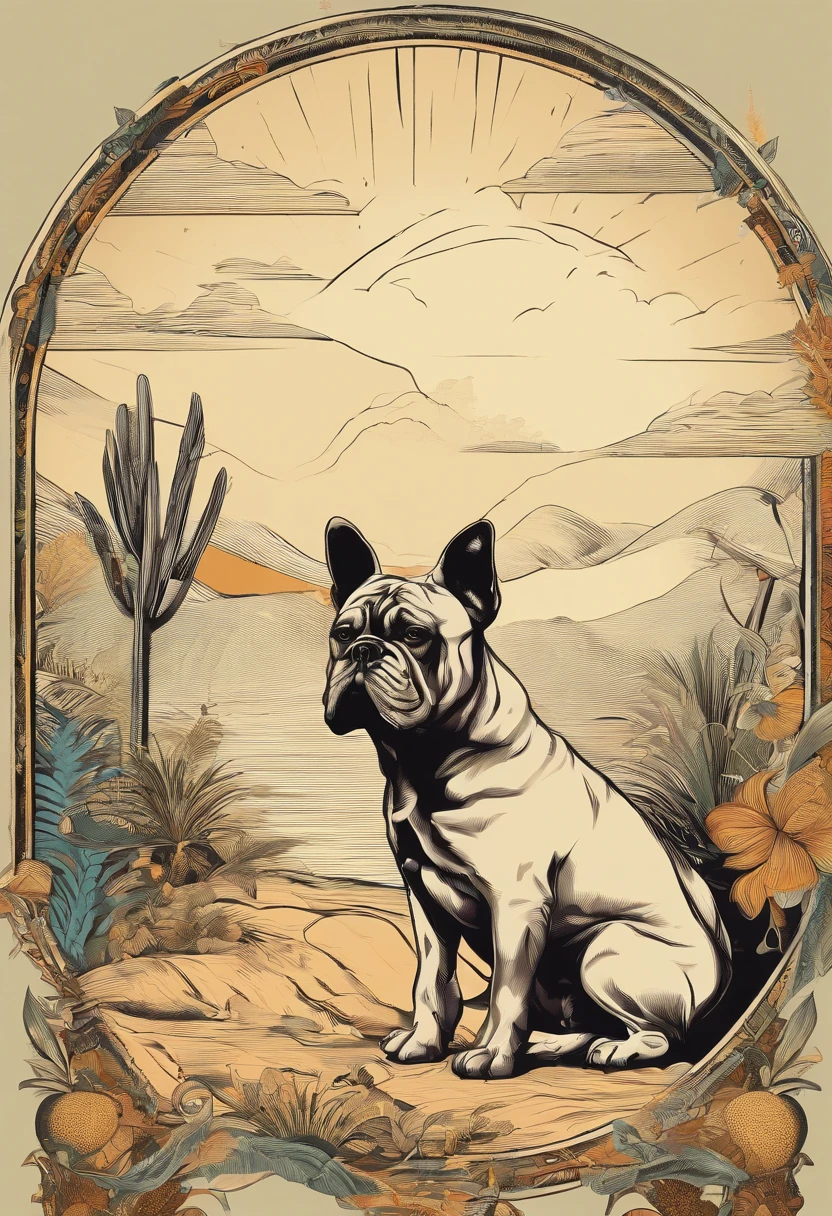 Plants and artistic details form a round frame to house the dog in the center, Popart, arte de rua, Isolated t-shirt design with vector art of a Bulldog dog, look at the desert with curiosity and wonder.  Bolldog dog or bitch should be portrayed with a sense of admiration and fascination, cercado pelas maravilhas da natureza. Use cores suaves e sonhadoras para criar uma atmosfera extravagante e encantadora. The design should evoke a sense of wandering desire and encourage viewers to embrace their own adventurous spirit., isolado, sem antecedentes, no estilo 0mib