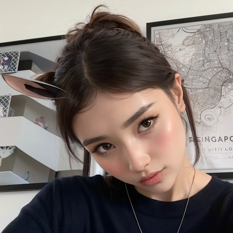 there is a woman with a necklace and a necklace with a bird on it, portrait sophie mudd, eva elfie, pokimane, headshot profile picture, gemma chen, selfie of a young woman, louise zhang, cat ears on her head, face with artgram, halfbody headshot, brown hair in two buns, gemma chan girl portrait, wenfei ye