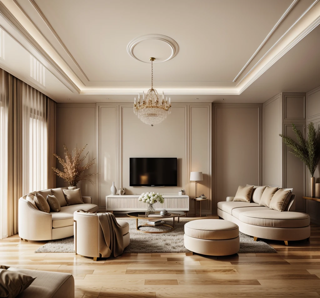 Create a neoclassical-style livingroom, 1 television on the wall:1.3, a brown wooden floor, cream-colored curtains, a white door, and super sharp photos that exude elegance.