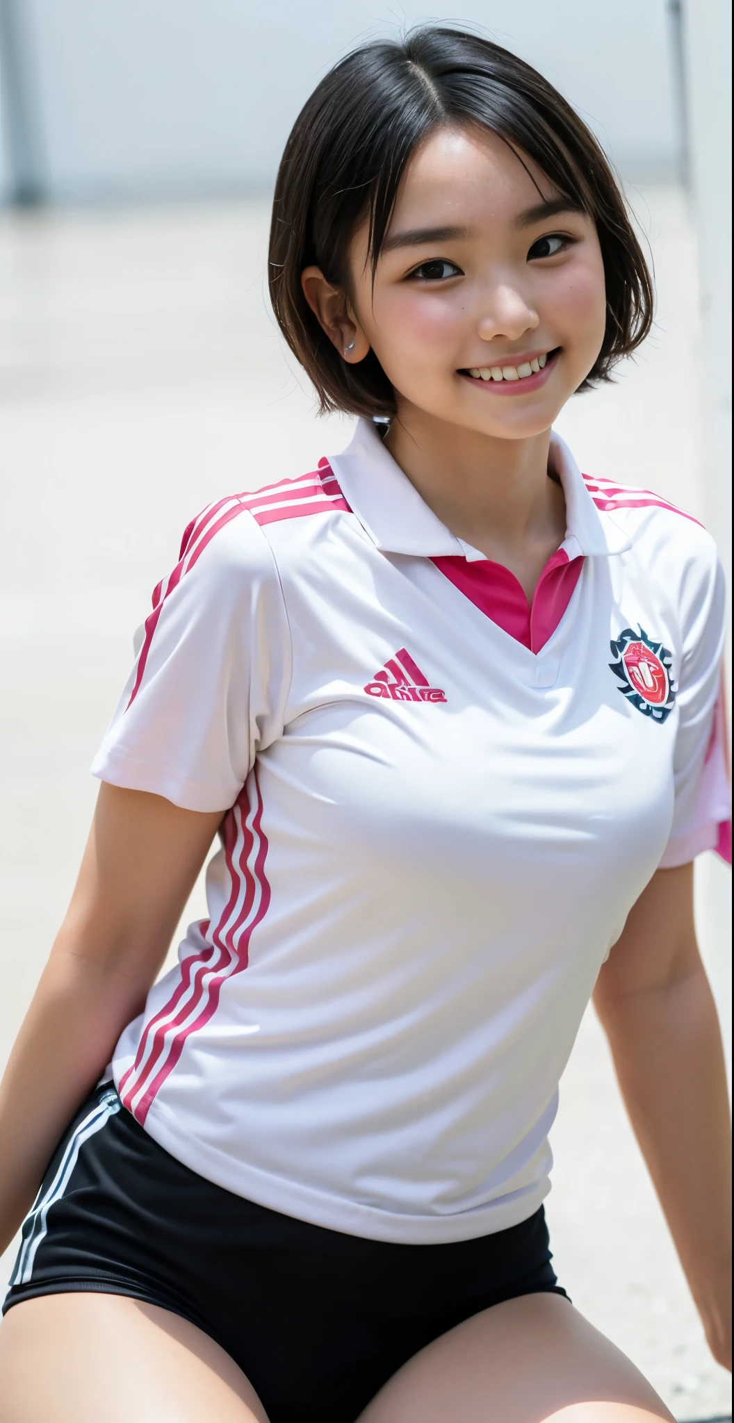 （8K、Raw photography、highest quality、masterpiece：1.2),(black haired、very short hair:1.9),show viewer,Looking at the front,erotic,白いskin,(wearing a pink and white soccer uniform:1.6)、(Clothing that emphasizes the shape of your chest、publish one&#39;skin:1.8)、(Clothes with open chest 、high leg pants:1.4)、slim body shape、ultra high resolution,beautiful,beautiful fece,(alone, alone、no background:1.9),whole bodyボディー,japanese woman,（Photoreal：1.37）、photon mapping,reality、(Cute with a baby face: 0.6)、(cute smile: 1.7)、(With a round face: 1.8)、radio city、Physically based rendering、depth of field rally background、photograph, (I can see your knees,close up of thighs、The lower part of the body is panties.:1.5),whole body、super fine