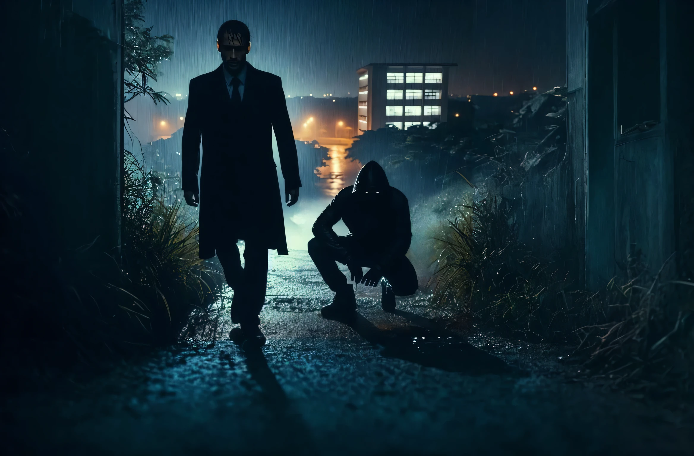 Imagem de um homem de terno e gravata andando na chuva, estilo neo preto, Cinematic temperamental lighting, moody iconic scene, Neo - Estilo Preto, Dramatic cinematic action, neo - noir setting, Cinematic temperamental lighting, dramatic cinematic composition, dramatic cinematic shot, cinematic photography concept art, Cinematic Still Shot, cinematic action scene, great composition cinematic