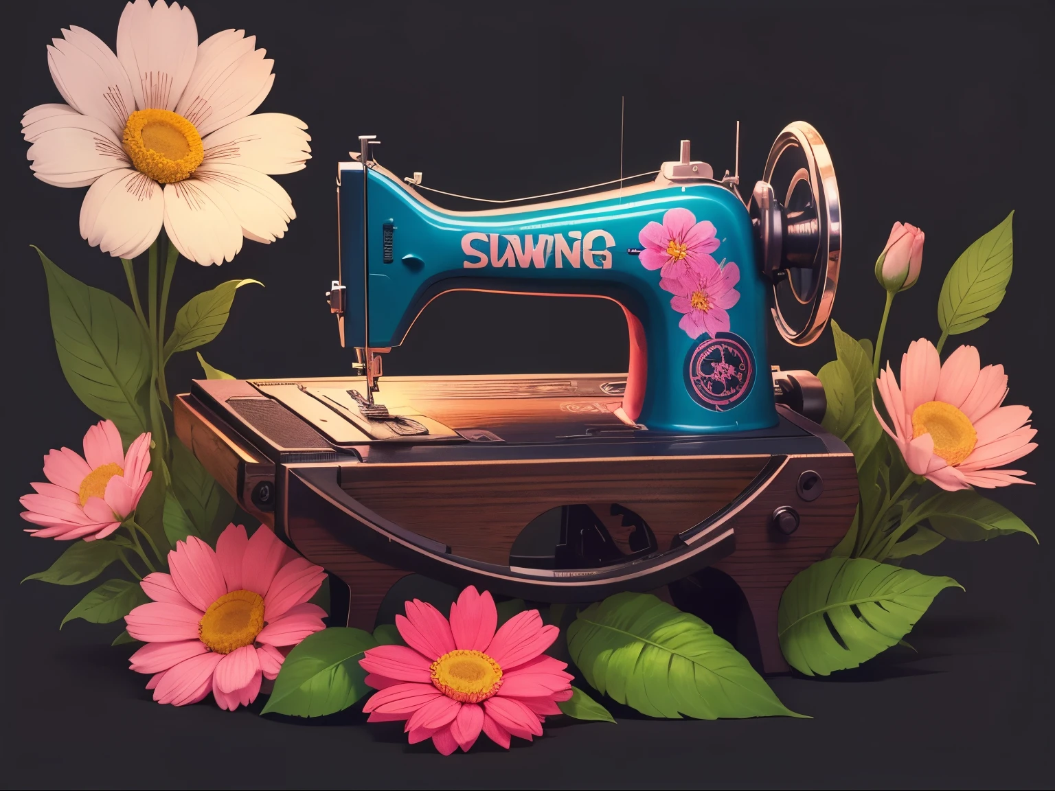 “Illustration of a sewing machine, graffiti style, bold colors, on a black background, t-shirt design, no reflection, nature vibe, flowers” remove background