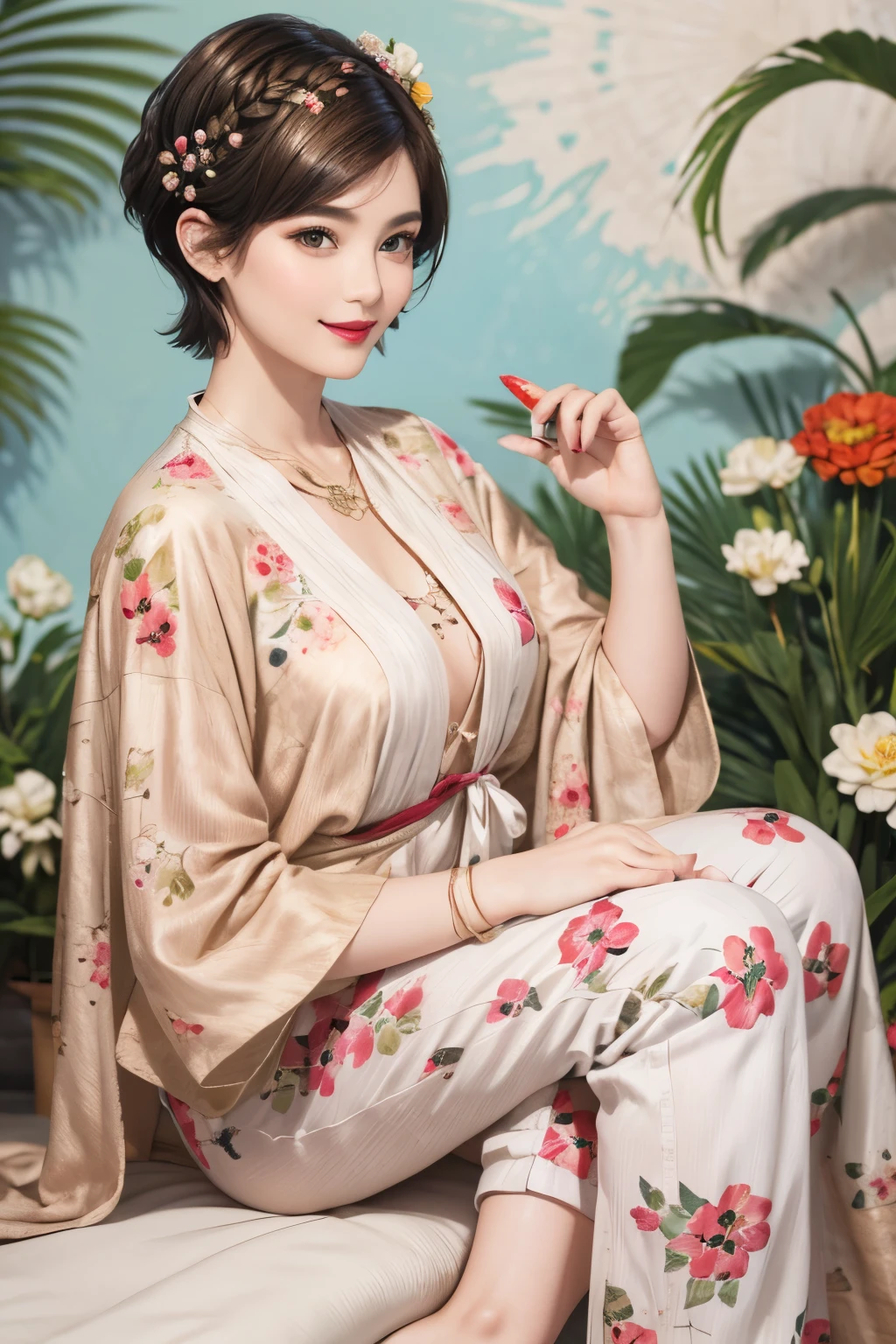 149
(20 year old woman,floral print outfit,pants), (Super realistic), (high resolution), ((beautiful hairstyle 46)), ((short hair:1.46)), (gentle smile), (brest:1.1), (lipstick)

