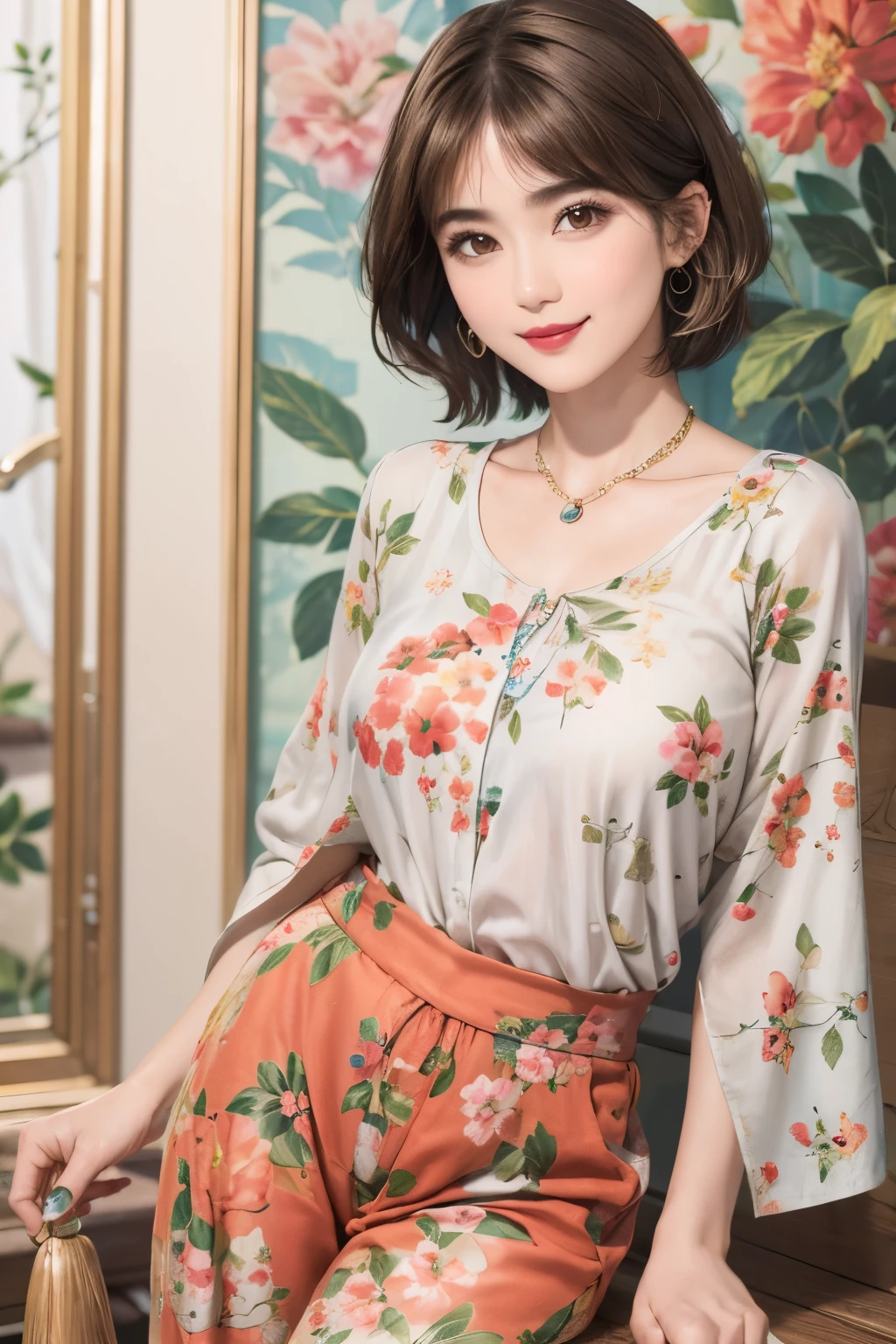 149
(20 year old woman,floral print outfit,pants), (Super realistic), (high resolution), ((beautiful hairstyle 46)), ((short hair:1.46)), (gentle smile), (brest:1.1), (lipstick)