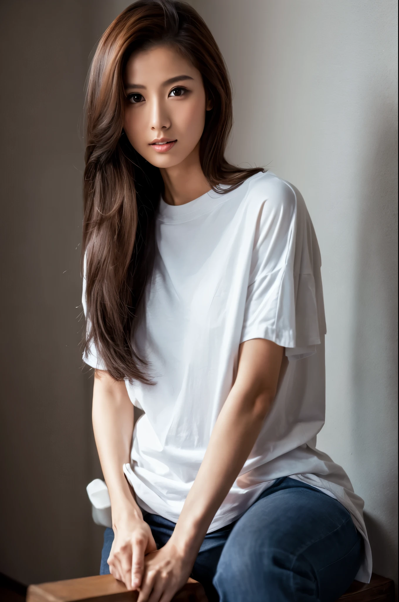 A skinny Japanese lady, long wavy hair, wearing (long T-shirt:1.3), sitting in a dark room. The walls are painted in soft white. Realistic, Photorealistic, High quality, RAW photograph, detailed background, highly detailed, sharp focus, high resolution, 8k, uhd, dslr, realistic eyes, perfect eyes,