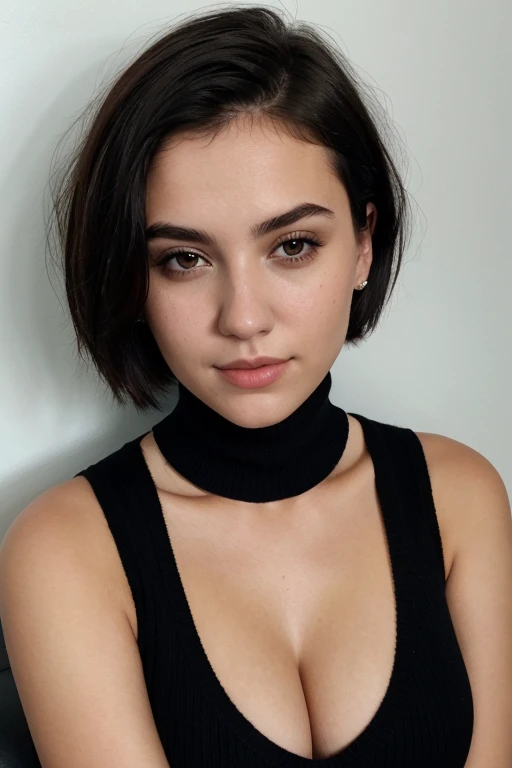 instagram photo, 21yo french woman, short hair, black hair, black eyes, closeup portrait, sweater, cleavage, pale, hard shadows