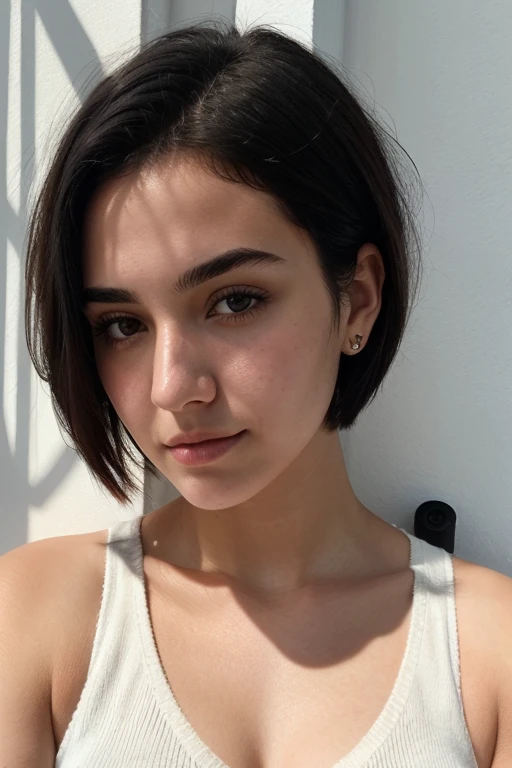 instagram photos, 18-year-old American woman, short hair, black hair, close up portrait, high neck knit sleeveless, cleavage, pale, hard shadow