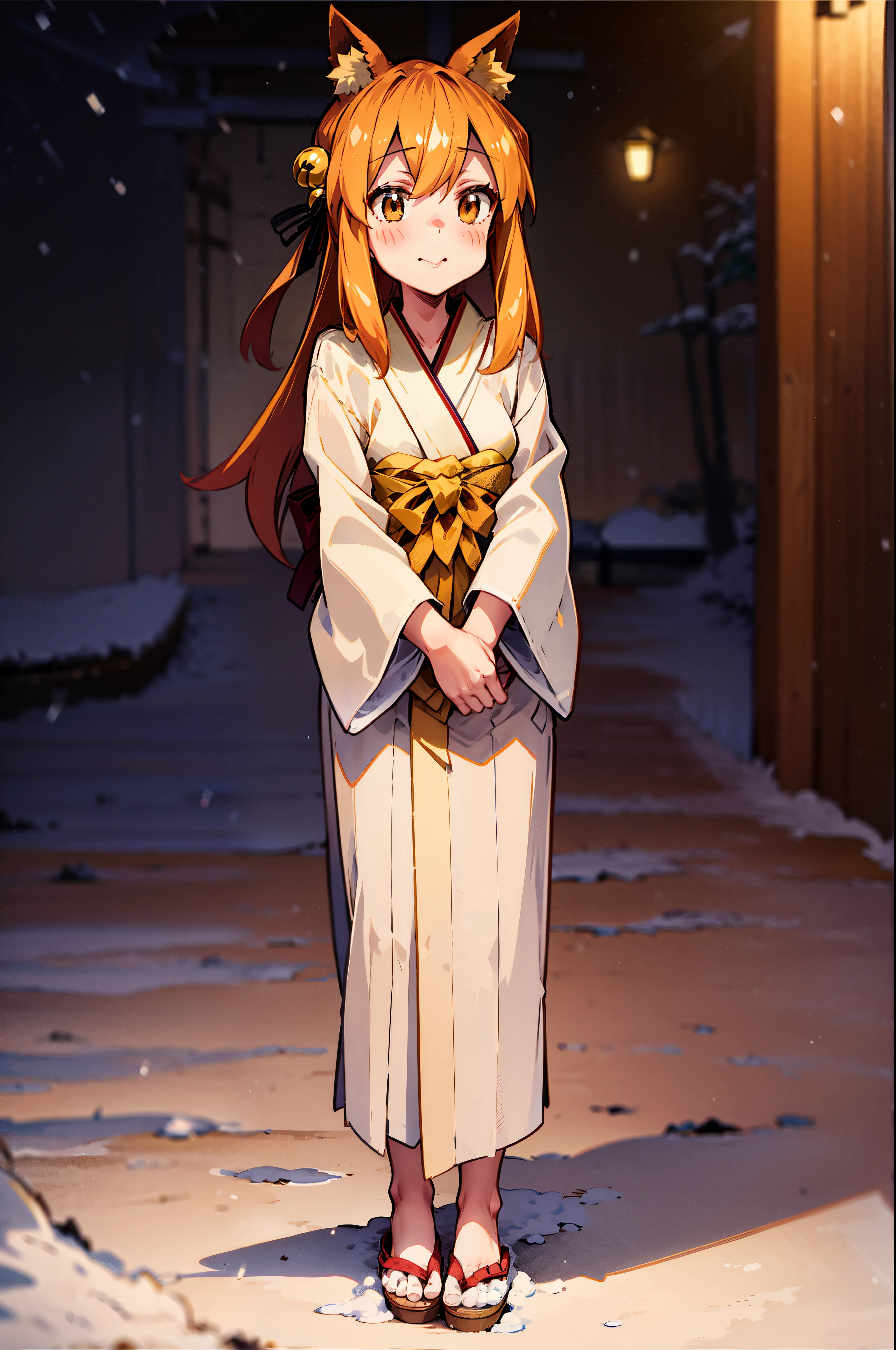 Masterpiece, best quality, perfect lighting, 1girl, solo, suzu, fox ears, fox tail, brown eyes, orange hair, yellow miko kimono, bell hair ornament, medium hair, ahoge, hair between eyes, standing, smile, winter, snow, nighttime, snowing, looking at viewer, (cold breath:1.4), (jitome:1),, standing, flipflops, full body