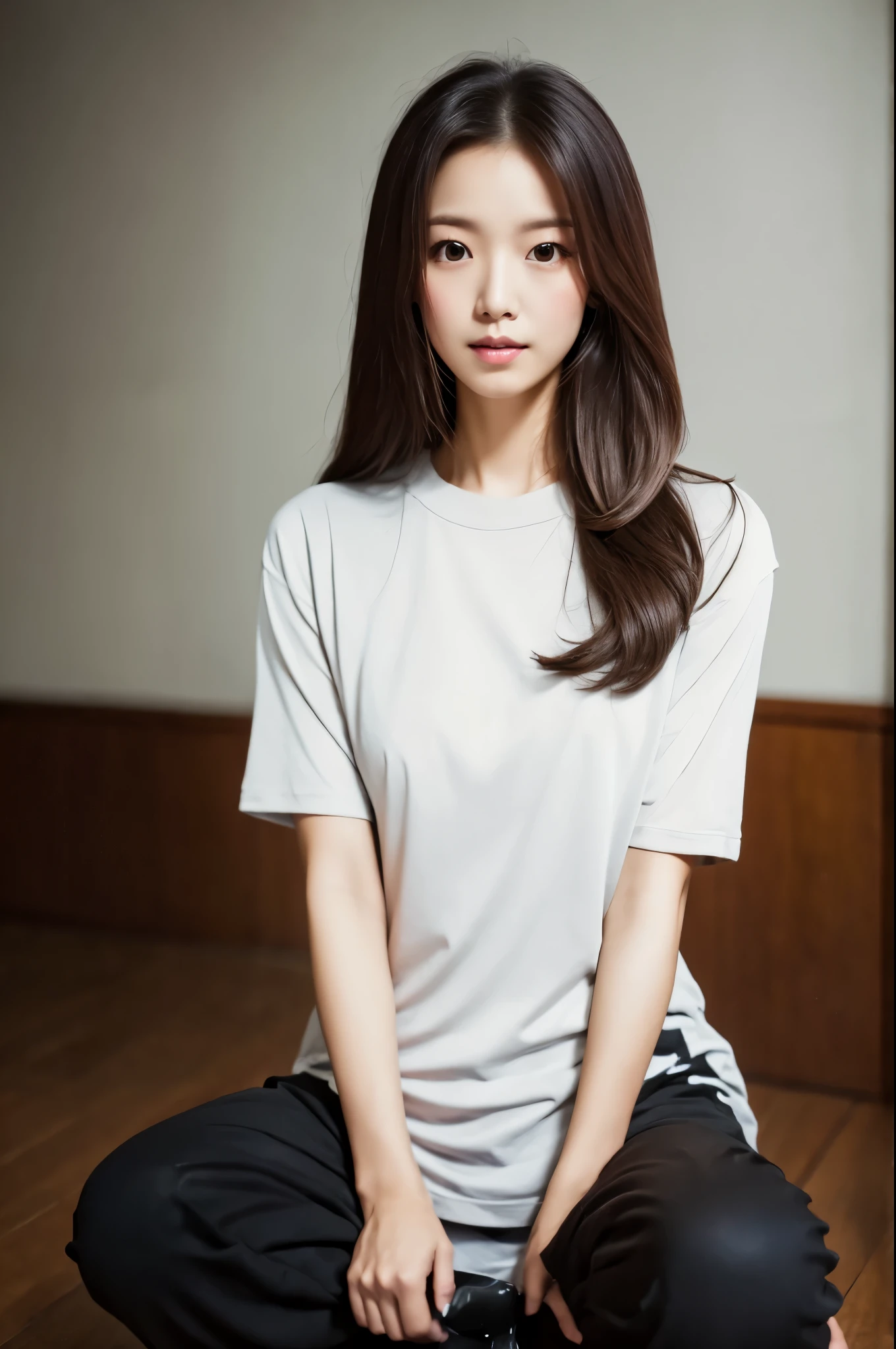 A skinny Japanese lady, long wavy hair, wearing (long T-shirt:1.3), sitting in a dark room. The walls are painted in soft white. Realistic, Photorealistic, High quality, RAW photograph, detailed background, highly detailed, sharp focus, high resolution, 8k, uhd, dslr, realistic eyes, perfect eyes,