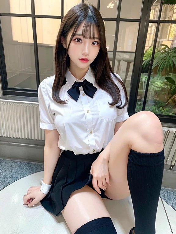 ((masterpiece)), (realistic: 1.2) masterpiece, 最high quality, high quality,High resolution,white skin,perfect body, 最high quality, ultra detail,big breasts,show your skin,Show cleavage, Mature,beautiful, black hair, long hair, With bangs,school uniform,over knee socks,glowing skin,Bewitching,thighs,foot, very detailed, parted lips