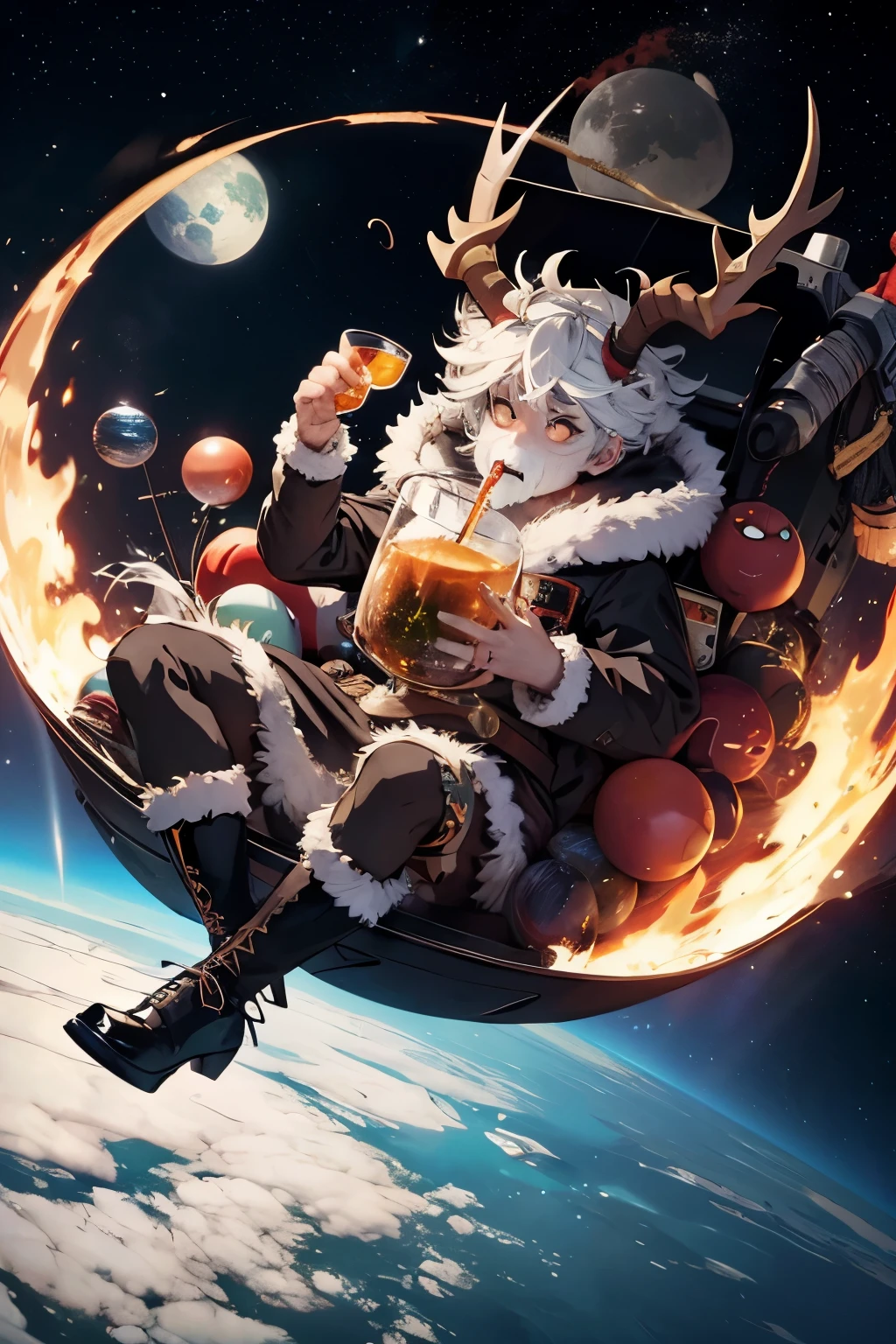 Krampus floating through space while drinking from a planet made of ceverja